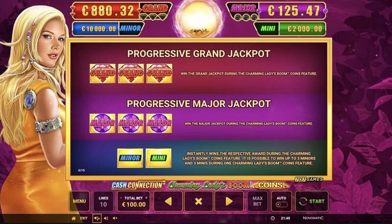 Cash Connection - Charming Lady's Boom Coins - Mini, Minor, Major ve Grand Jackpot tablosu