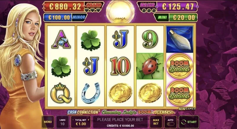 Cash Connection - Charming Lady's Boom Coins - şans sembolleriyle dolu 5x3 ızgara